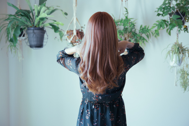 観葉植物に囲まれた、綺麗な巻き髪の女性の後ろ姿